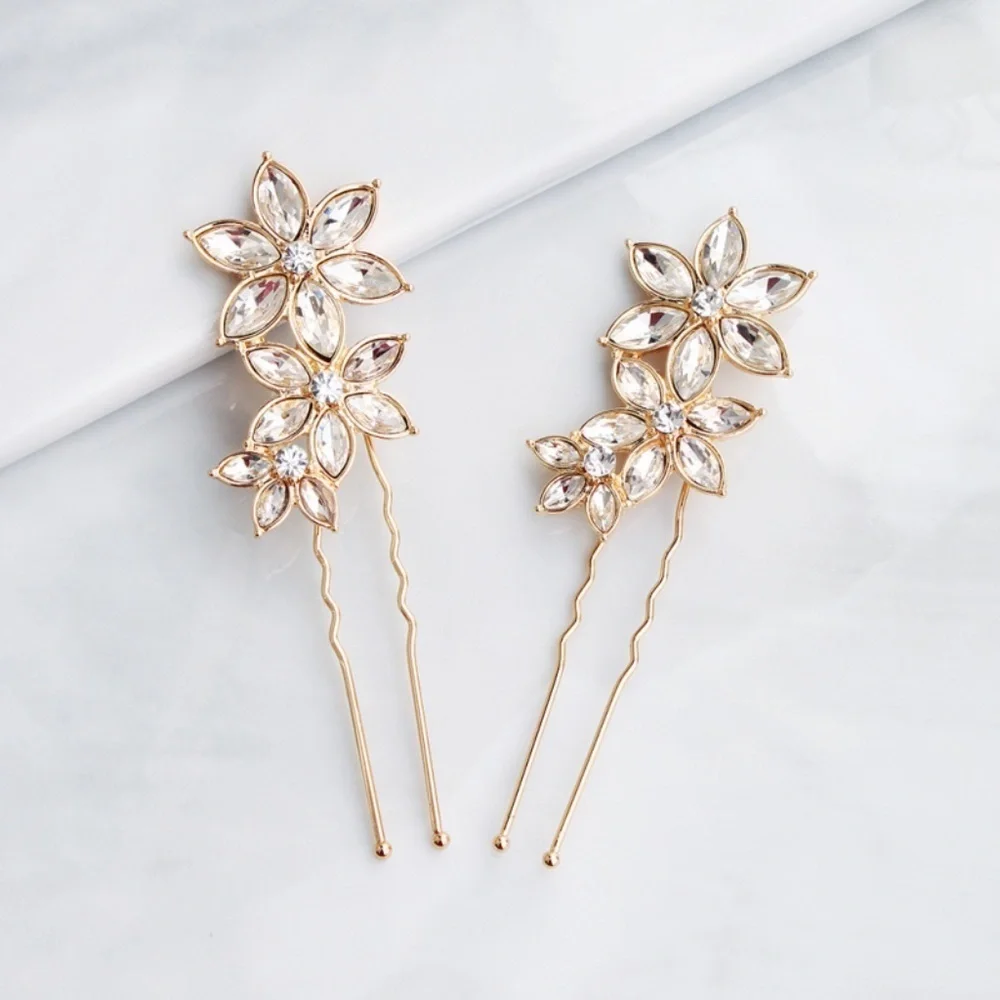 *PRISCILLA* 2-Pc Gold Rhinestone Flower Hair Clip